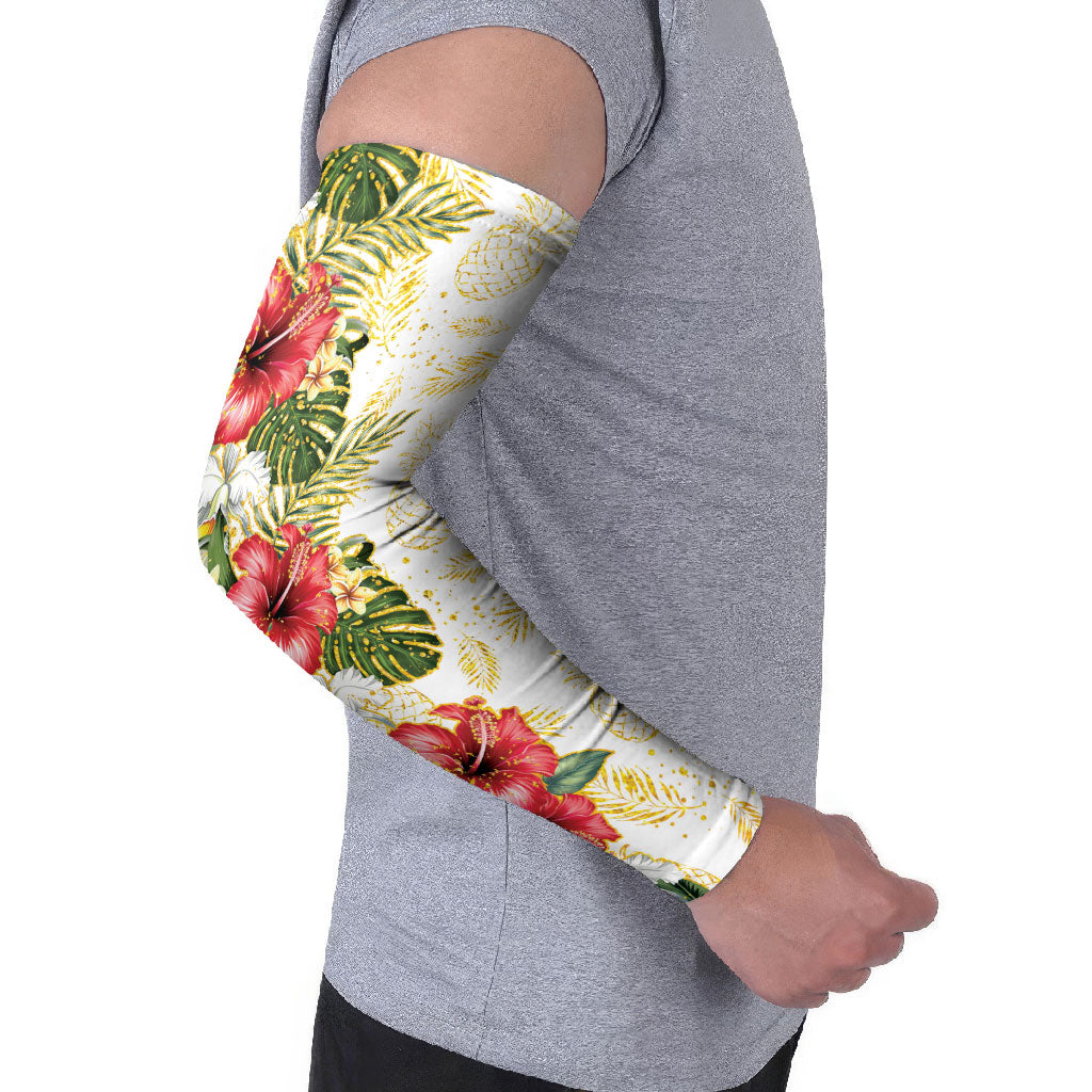 Hawaii Discoverers Day Arm Sleeves Tropical Hibiscus Glitter White