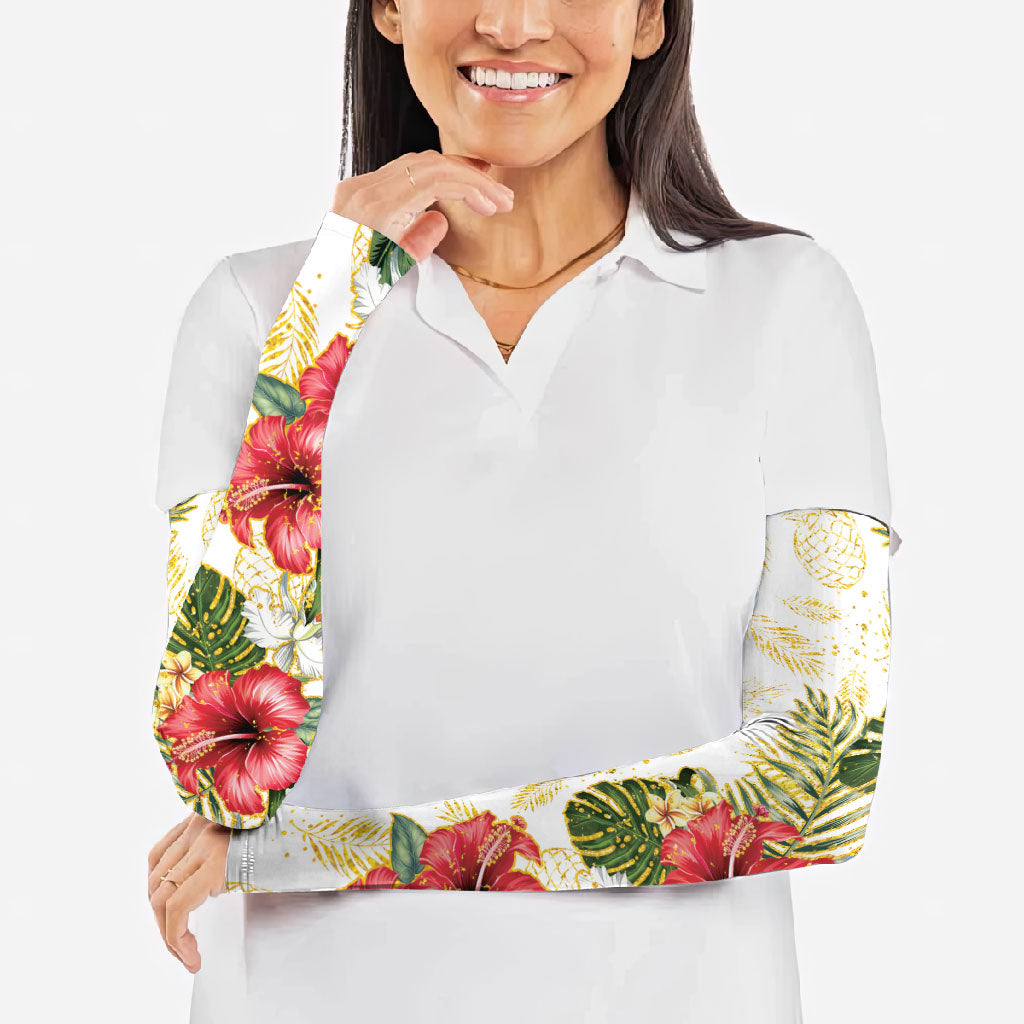 Hawaii Discoverers Day Arm Sleeves Tropical Hibiscus Glitter White