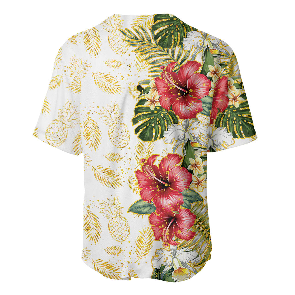 Hawaii Discoverers Day Baseball Jersey Tropical Hibiscus Glitter White LT05 - Polynesian Pride