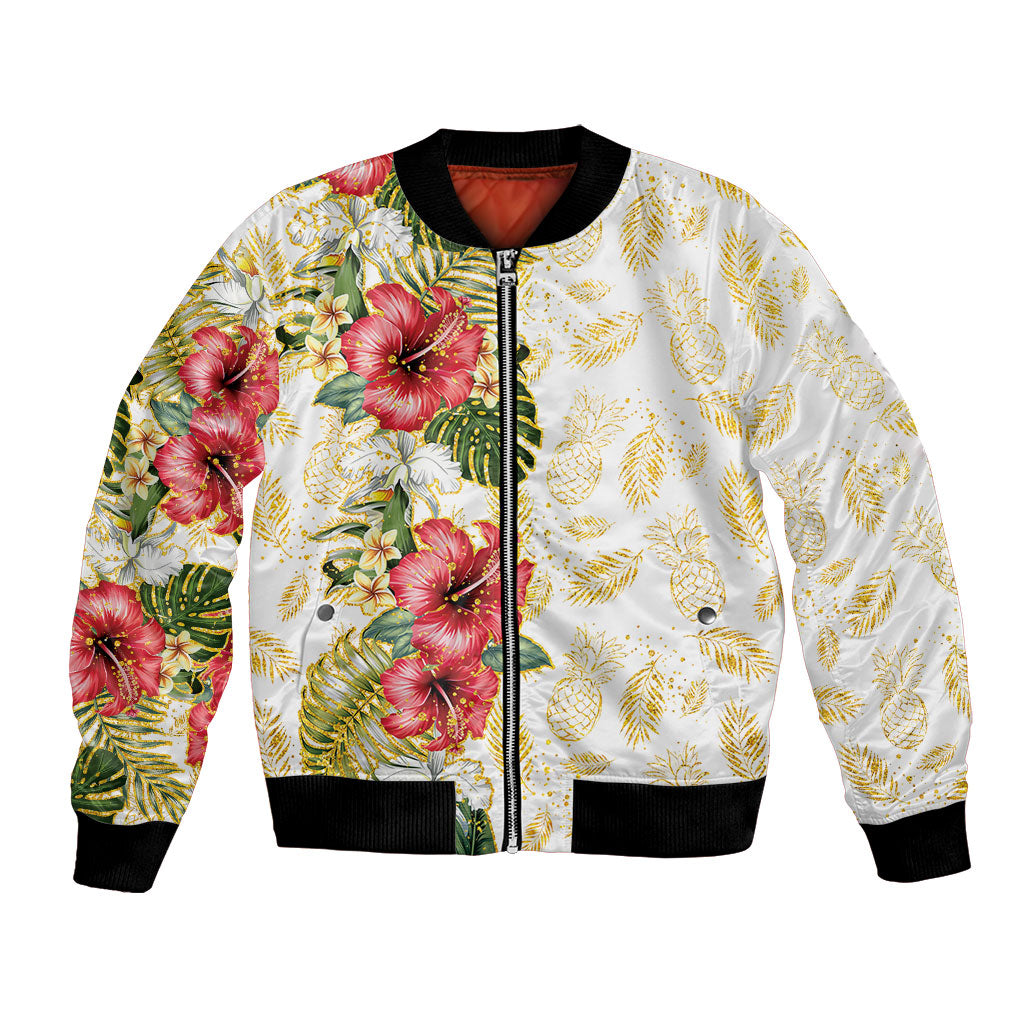Hawaii Discoverers Day Bomber Jacket Tropical Hibiscus Glitter White