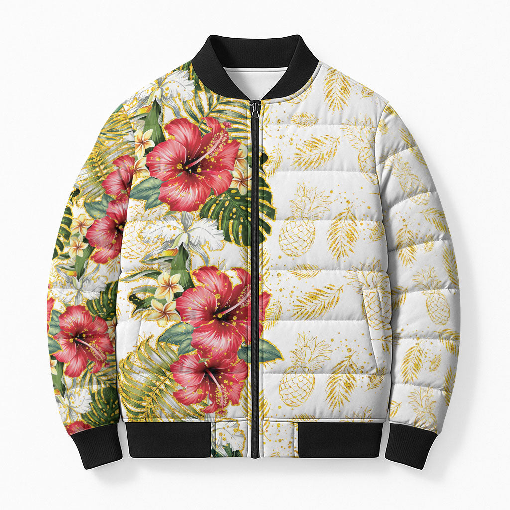Hawaii Discoverers Day Bomber Puffer Jacket Tropical Hibiscus Glitter White LT05 Unisex White - Polynesian Pride