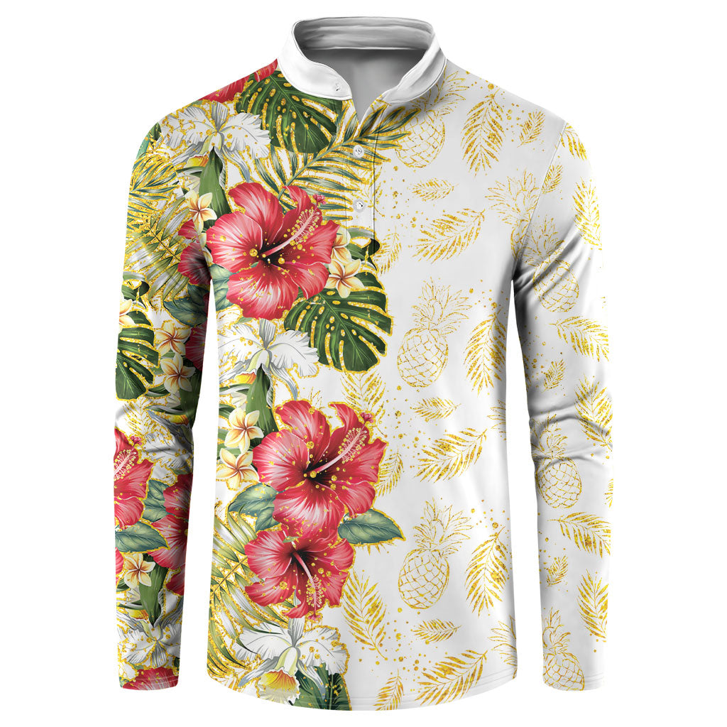 Hawaii Discoverers Day Button Sweatshirt Tropical Hibiscus Glitter White