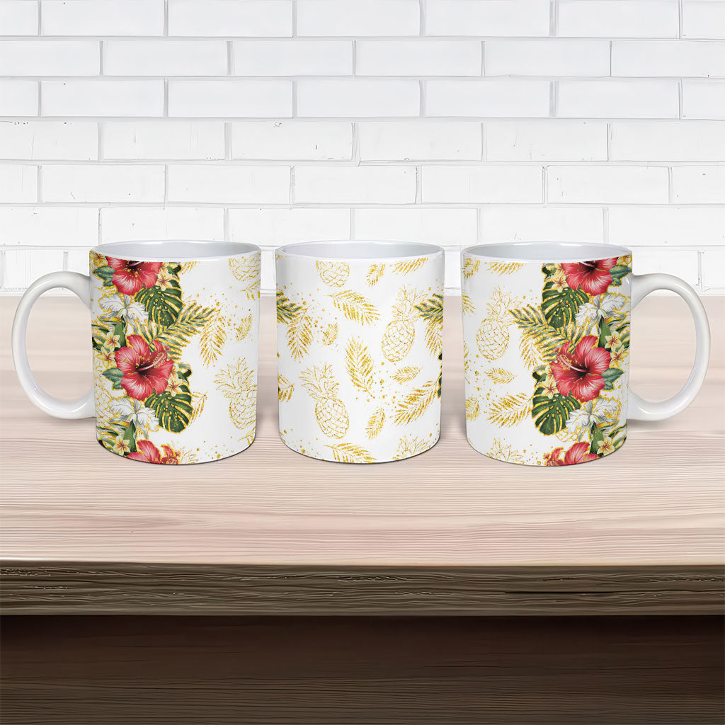 Hawaii Discoverers Day Ceramic Mug Tropical Hibiscus Glitter White LT05 - Polynesian Pride