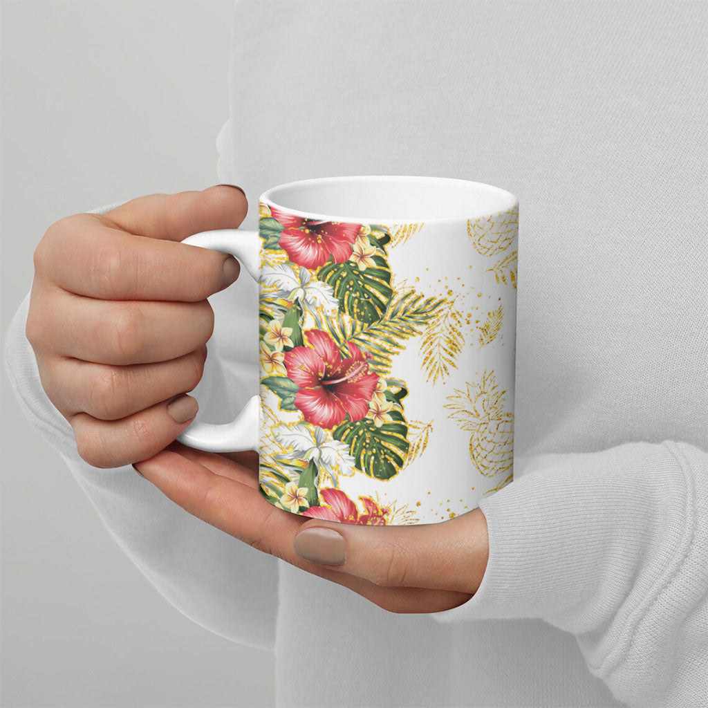 Hawaii Discoverers Day Ceramic Mug Tropical Hibiscus Glitter White LT05 - Polynesian Pride