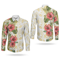 Hawaii Discoverers Day Couples Matching Summer Maxi Dress and Long Sleeve Button Shirt Tropical Hibiscus Glitter White
