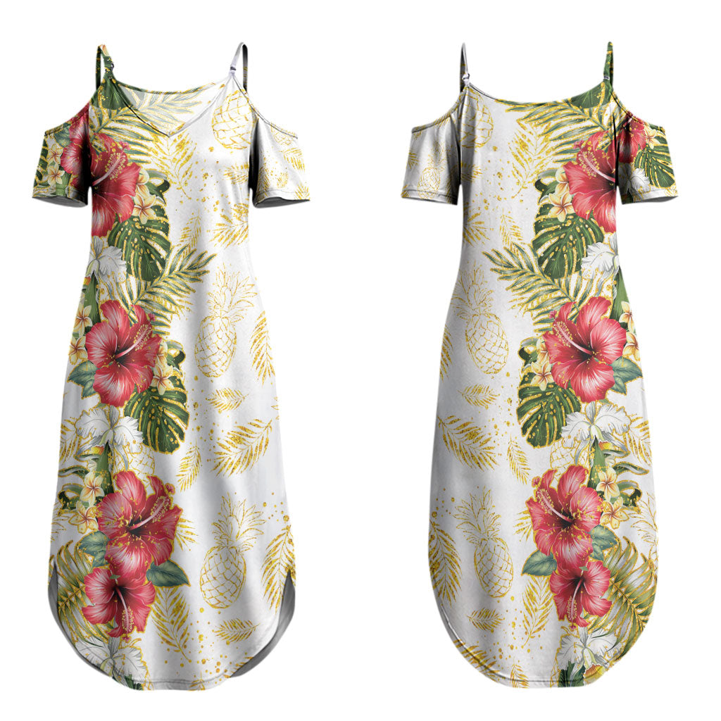Hawaii Discoverers Day Couples Matching Summer Maxi Dress and Long Sleeve Button Shirt Tropical Hibiscus Glitter White