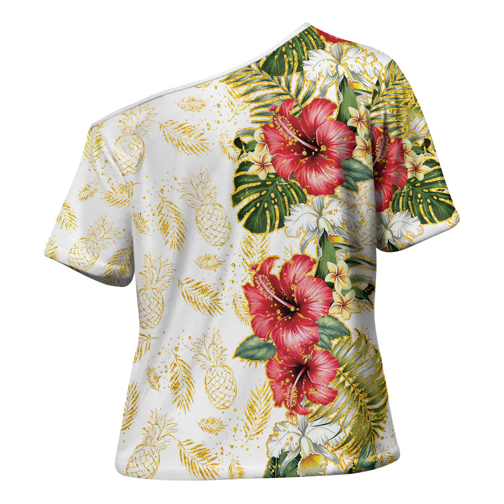 Hawaii Discoverers Day Cross Shoulder Shirt Tropical Hibiscus Glitter White LT05 - Polynesian Pride