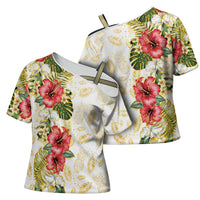 Hawaii Discoverers Day Cross Shoulder Shirt Tropical Hibiscus Glitter White LT05 - Polynesian Pride