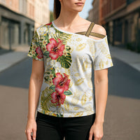 Hawaii Discoverers Day Cross Shoulder Shirt Tropical Hibiscus Glitter White LT05 - Polynesian Pride