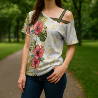 Hawaii Discoverers Day Cross Shoulder Shirt Tropical Hibiscus Glitter White LT05 - Polynesian Pride