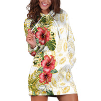 Hawaii Discoverers Day Hoodie Dress Tropical Hibiscus Glitter White LT05 White - Polynesian Pride