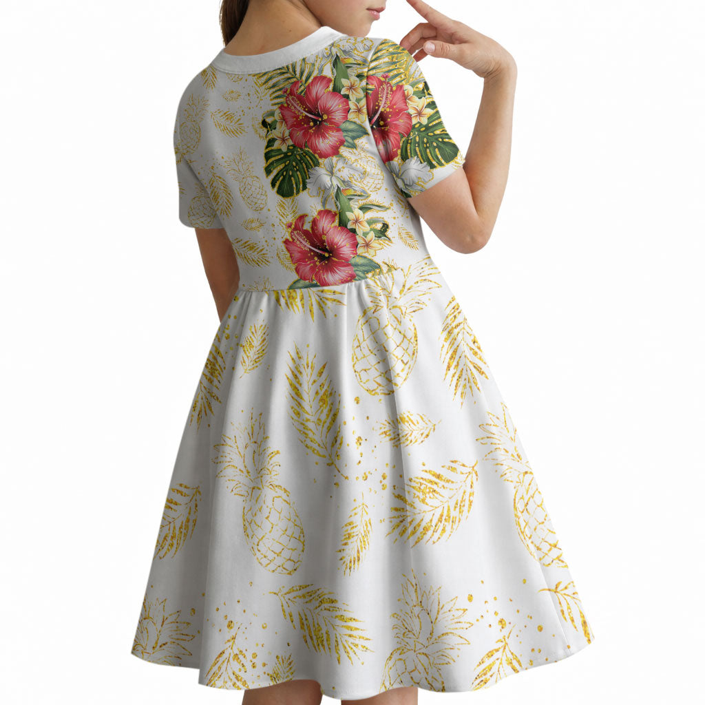 Hawaii Discoverers Day Kid Short Sleeve Dress Tropical Hibiscus Glitter White LT05 - Polynesian Pride