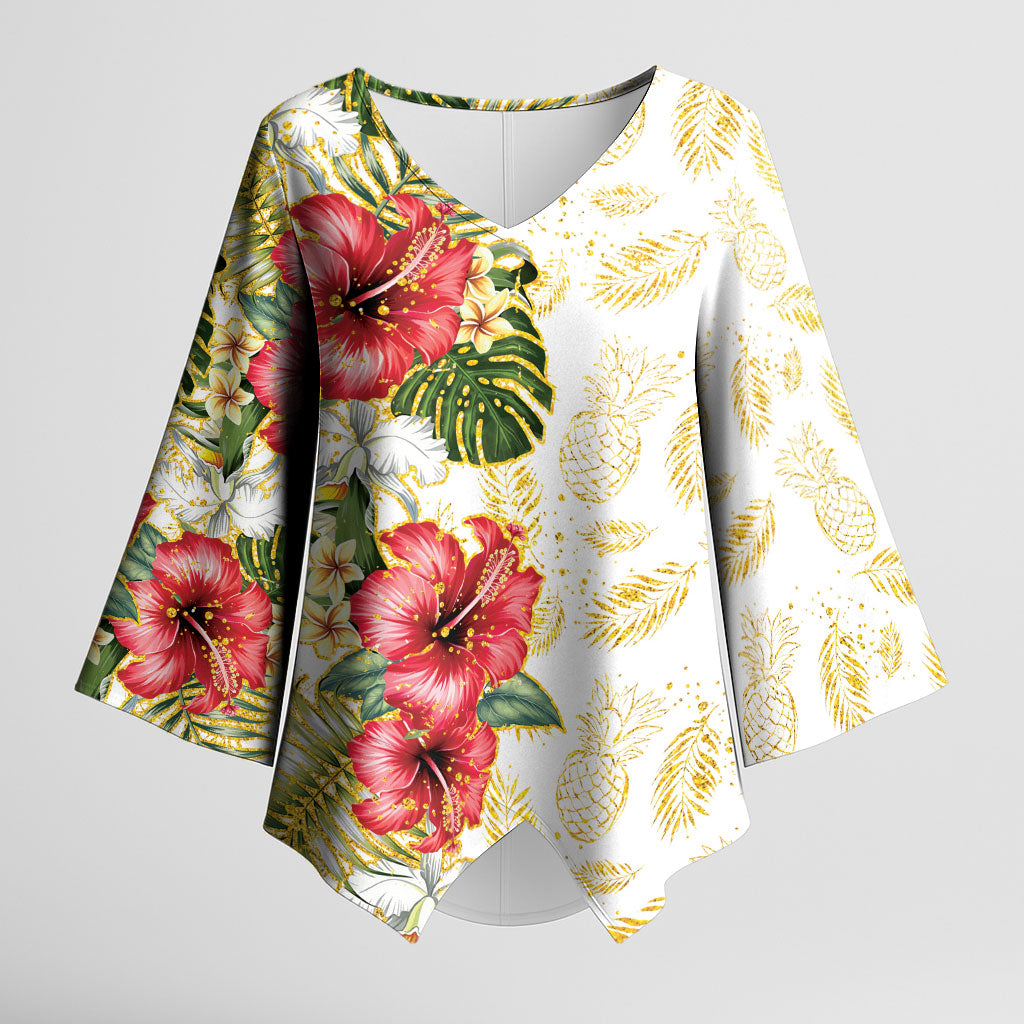 Hawaii Discoverers Day Kimono Sleeve Blouse Tropical Hibiscus Glitter White