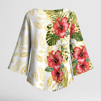 Hawaii Discoverers Day Kimono Sleeve Blouse Tropical Hibiscus Glitter White