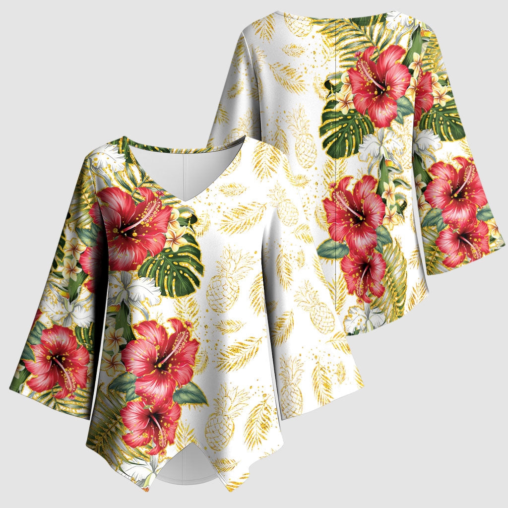 Hawaii Discoverers Day Kimono Sleeve Blouse Tropical Hibiscus Glitter White