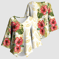 Hawaii Discoverers Day Kimono Sleeve Blouse Tropical Hibiscus Glitter White