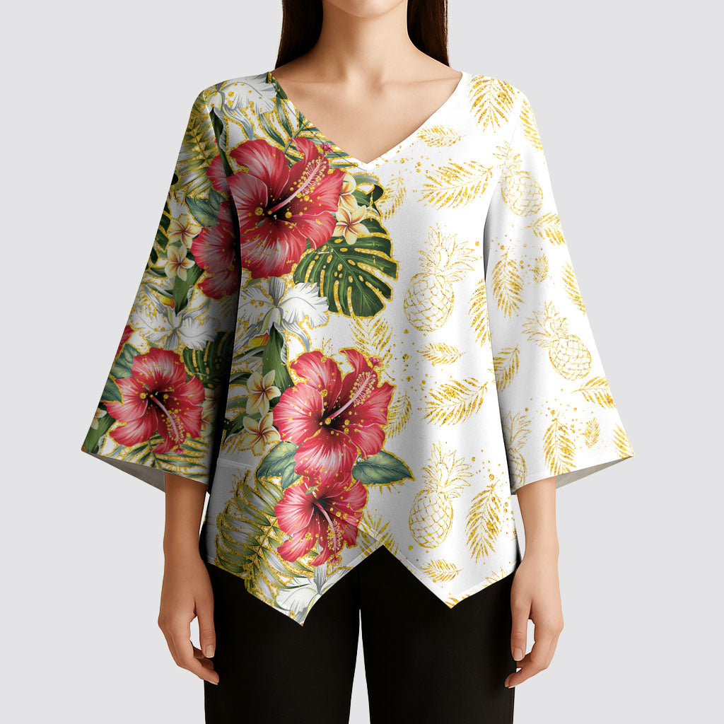 Hawaii Discoverers Day Kimono Sleeve Blouse Tropical Hibiscus Glitter White