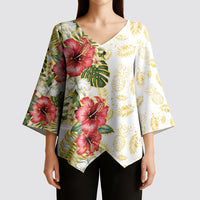 Hawaii Discoverers Day Kimono Sleeve Blouse Tropical Hibiscus Glitter White
