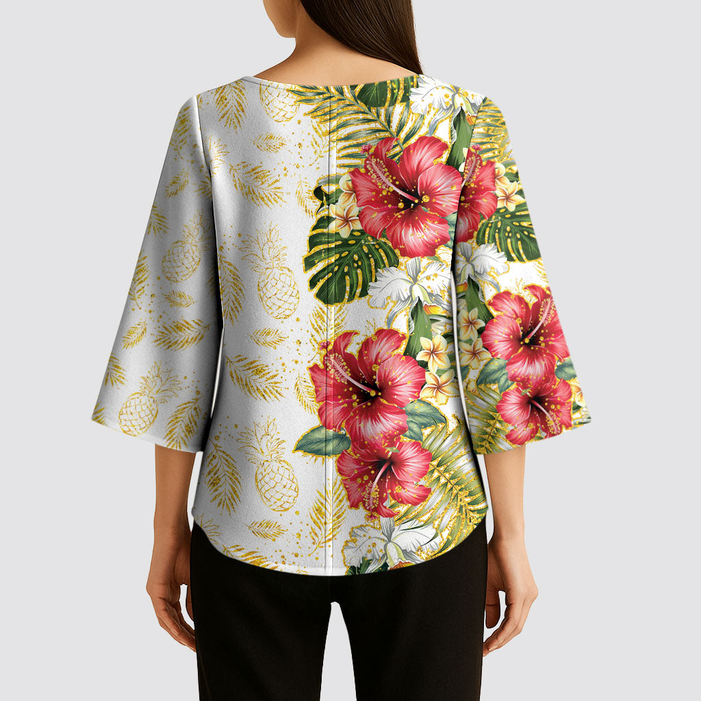 Hawaii Discoverers Day Kimono Sleeve Blouse Tropical Hibiscus Glitter White