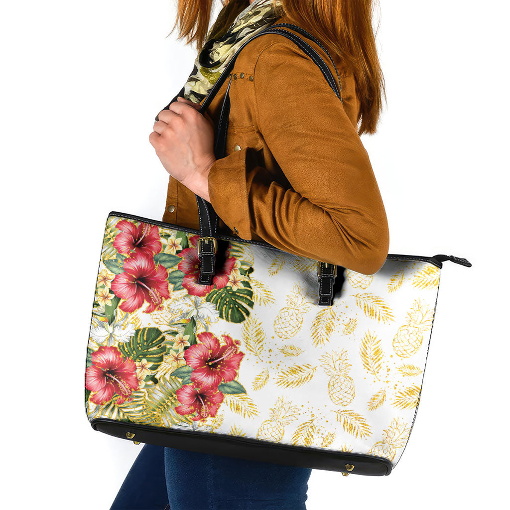 Hawaii Discoverers Day Leather Tote Bag Tropical Hibiscus Glitter White LT05 White - Polynesian Pride