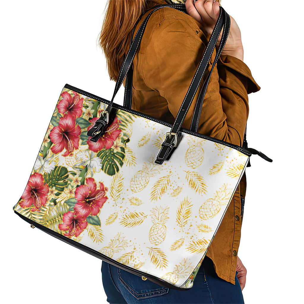 Hawaii Discoverers Day Leather Tote Bag Tropical Hibiscus Glitter White LT05 - Polynesian Pride