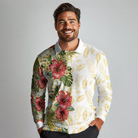 Hawaii Discoverers Day Long Sleeve Polo Shirt Tropical Hibiscus Glitter White LT05 - Polynesian Pride