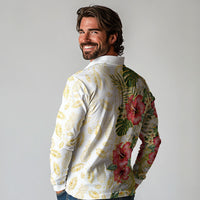 Hawaii Discoverers Day Long Sleeve Polo Shirt Tropical Hibiscus Glitter White LT05 - Polynesian Pride