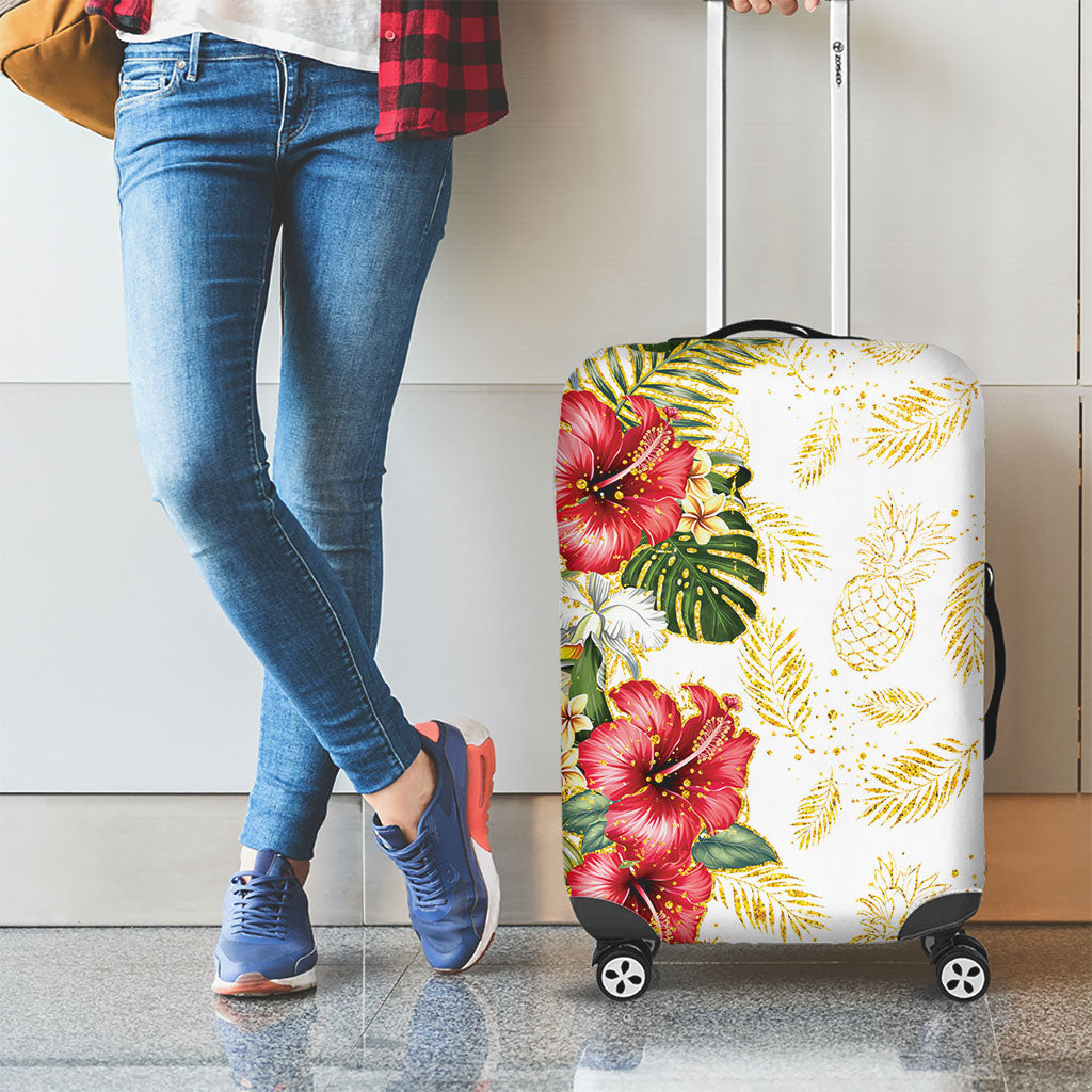 Hawaii Discoverers Day Luggage Cover Tropical Hibiscus Glitter White LT05 - Polynesian Pride