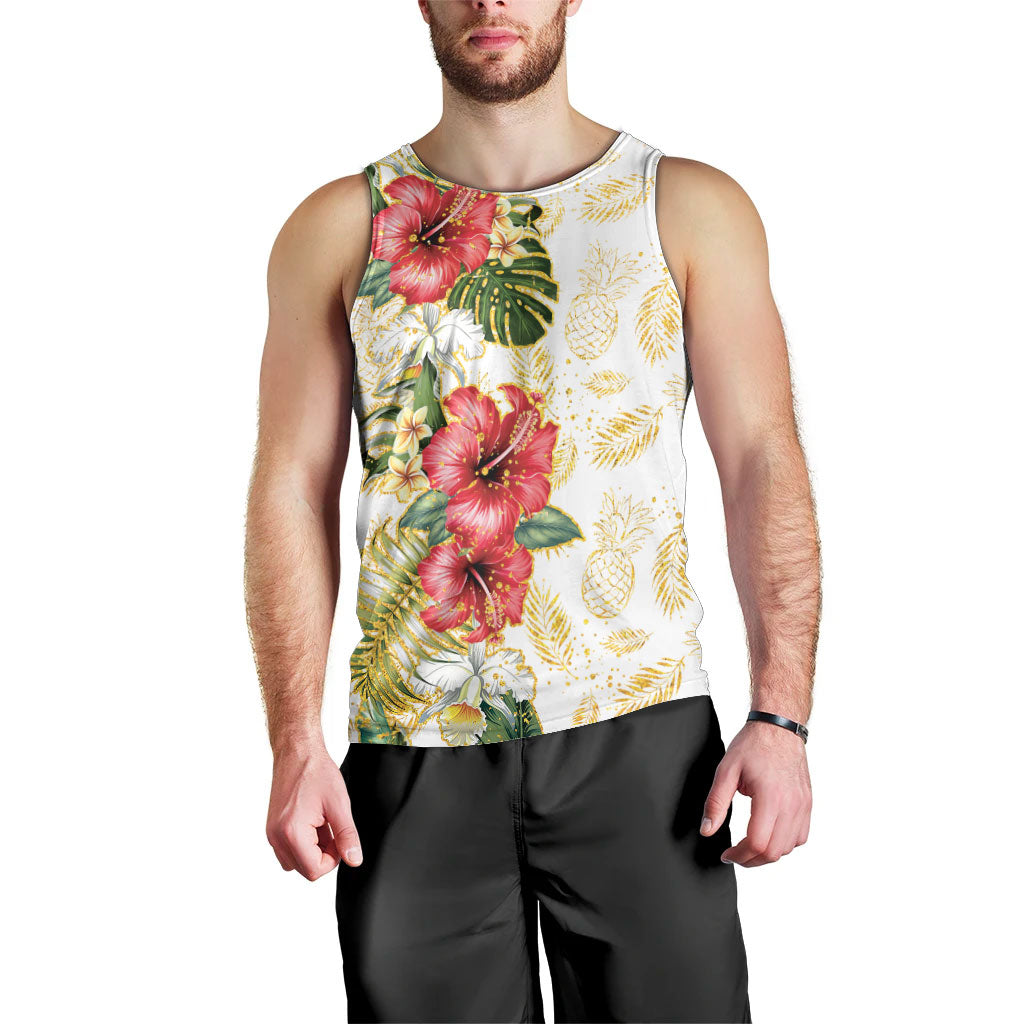Hawaii Discoverers Day Men Tank Top Tropical Hibiscus Glitter White LT05 - Polynesian Pride