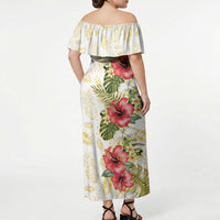Hawaii Discoverers Day Off Shoulder Maxi Dress Tropical Hibiscus Glitter White LT05 - Polynesian Pride