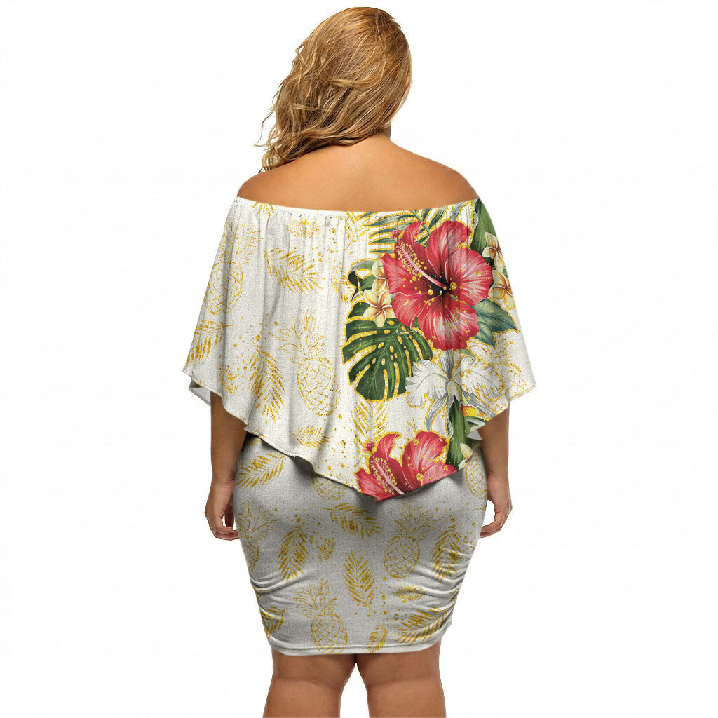 Hawaii Discoverers Day Off Shoulder Short Dress Tropical Hibiscus Glitter White LT05 - Polynesian Pride
