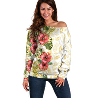 Hawaii Discoverers Day Off Shoulder Sweater Tropical Hibiscus Glitter White LT05 Women White - Polynesian Pride