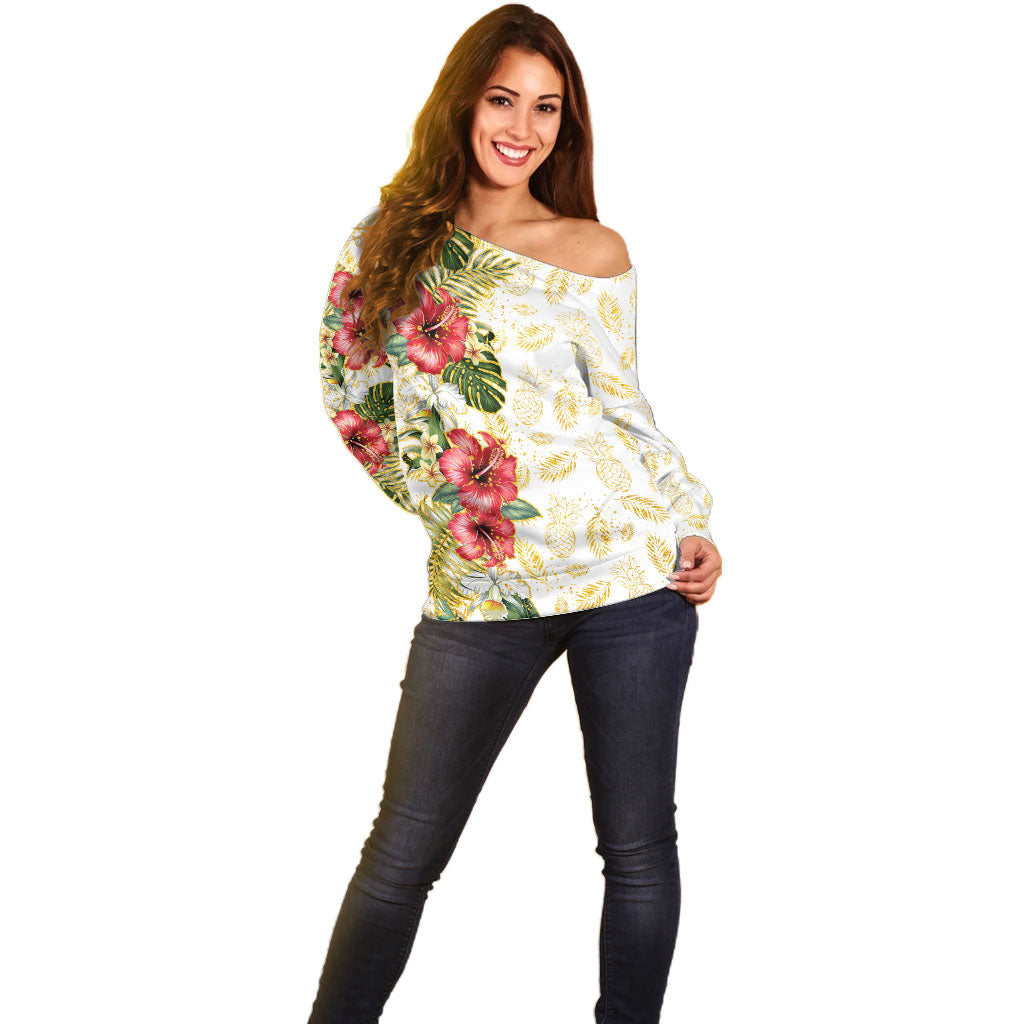 Hawaii Discoverers Day Off Shoulder Sweater Tropical Hibiscus Glitter White LT05 - Polynesian Pride