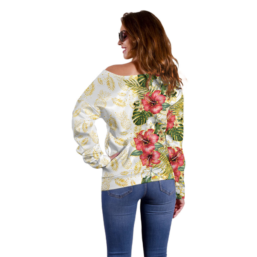Hawaii Discoverers Day Off Shoulder Sweater Tropical Hibiscus Glitter White LT05 - Polynesian Pride