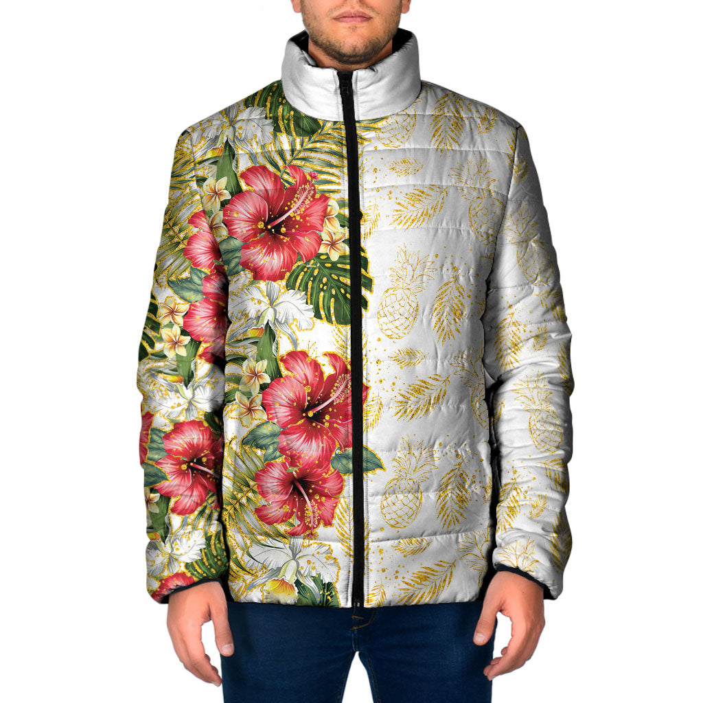 Hawaii Discoverers Day Padded Jacket Tropical Hibiscus Glitter White