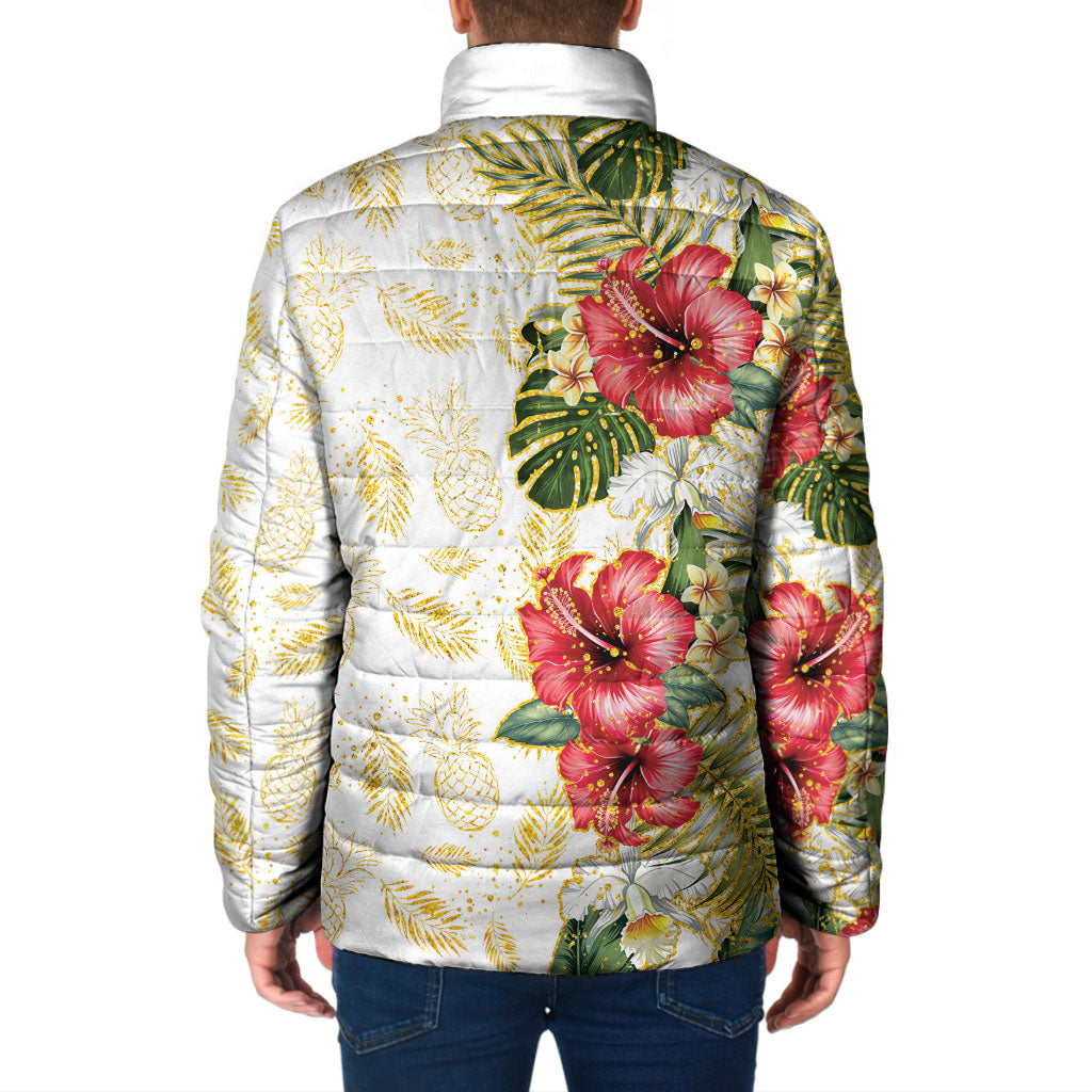 Hawaii Discoverers Day Padded Jacket Tropical Hibiscus Glitter White