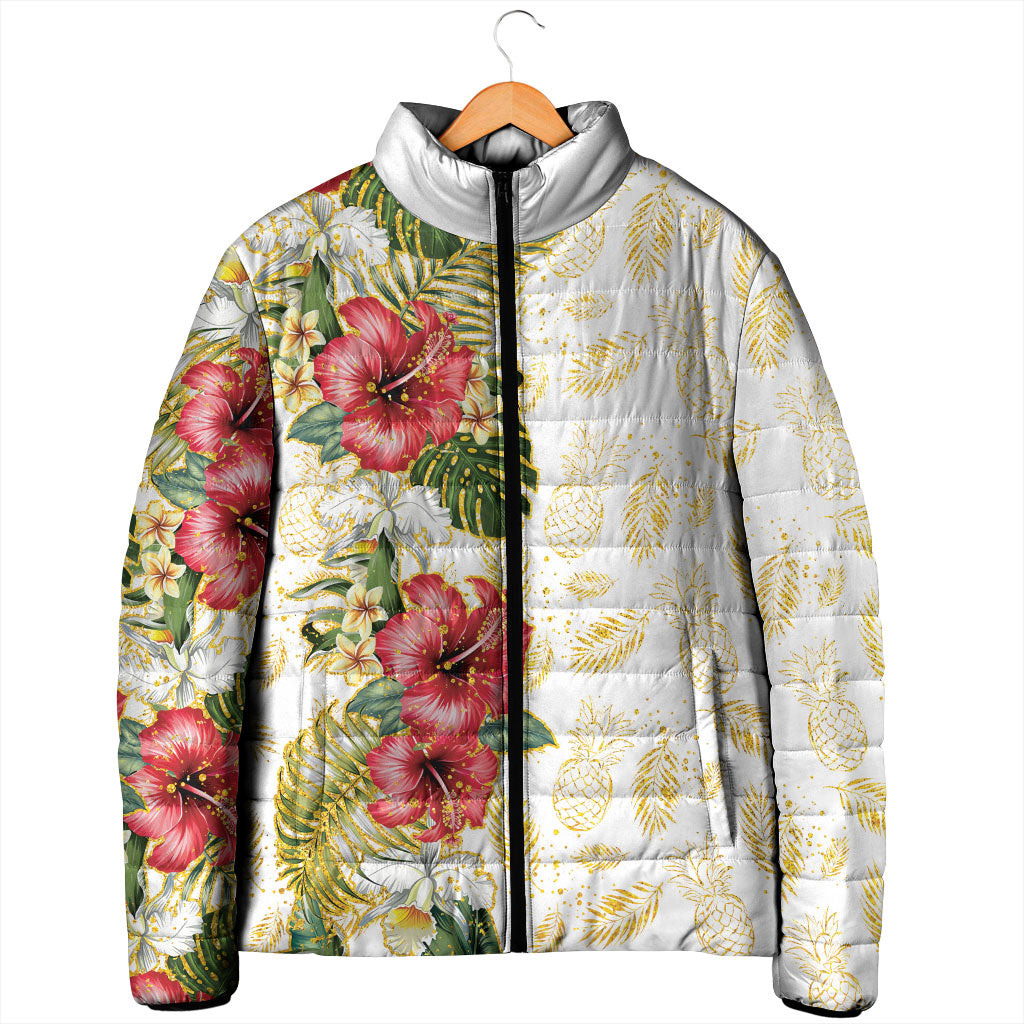 Hawaii Discoverers Day Padded Jacket Tropical Hibiscus Glitter White