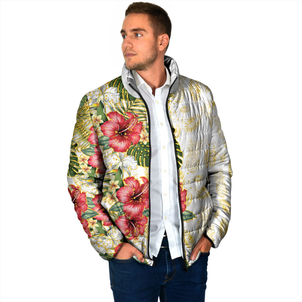 Hawaii Discoverers Day Padded Jacket Tropical Hibiscus Glitter White