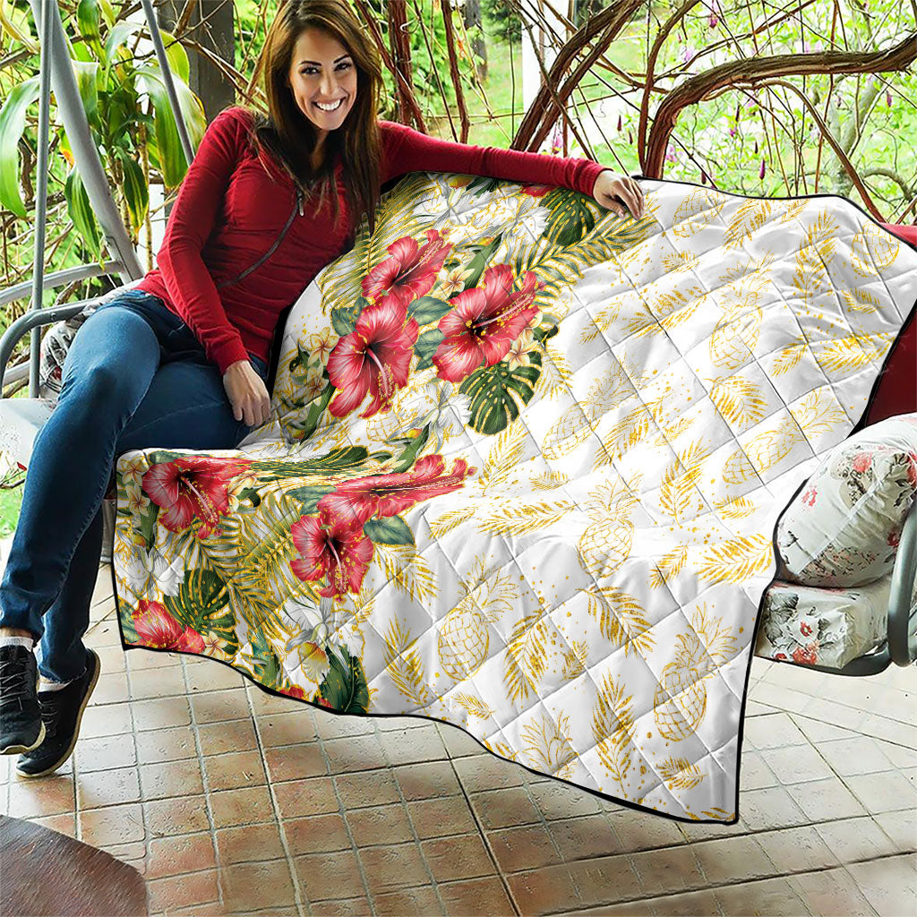 Hawaii Discoverers Day Quilt Tropical Hibiscus Glitter White LT05 - Polynesian Pride