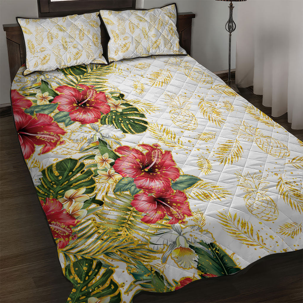 Hawaii Discoverers Day Quilt Bed Set Tropical Hibiscus Glitter White LT05 White - Polynesian Pride