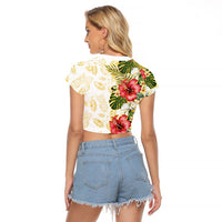 Hawaii Discoverers Day Raglan Cropped T Shirt Tropical Hibiscus Glitter White LT05 - Polynesian Pride