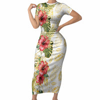 Hawaii Discoverers Day Short Sleeve Bodycon Dress Tropical Hibiscus Glitter White LT05 Long Dress White - Polynesian Pride