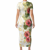 Hawaii Discoverers Day Short Sleeve Bodycon Dress Tropical Hibiscus Glitter White LT05 - Polynesian Pride