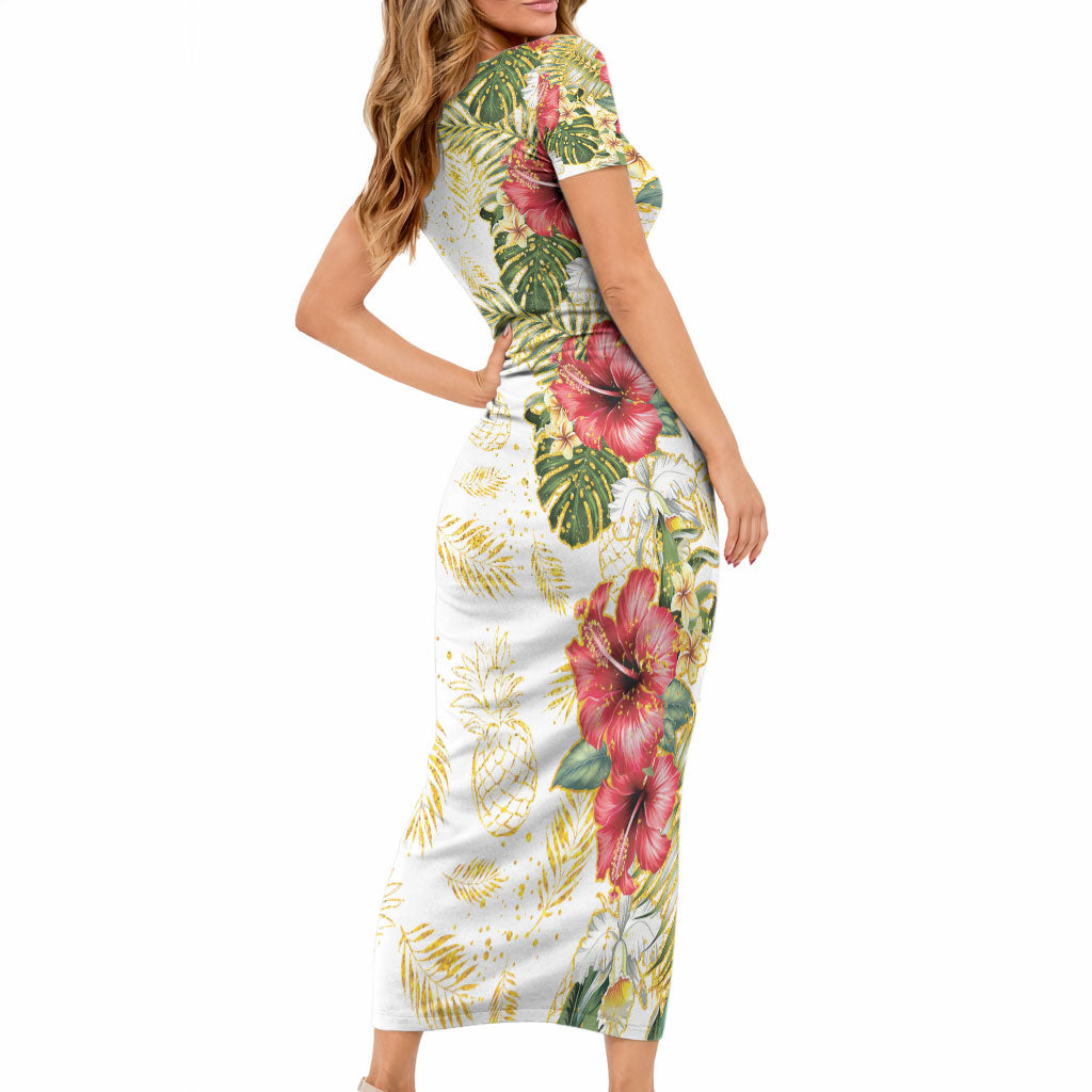 Hawaii Discoverers Day Short Sleeve Bodycon Dress Tropical Hibiscus Glitter White LT05 - Polynesian Pride