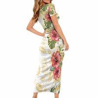 Hawaii Discoverers Day Short Sleeve Bodycon Dress Tropical Hibiscus Glitter White LT05 - Polynesian Pride