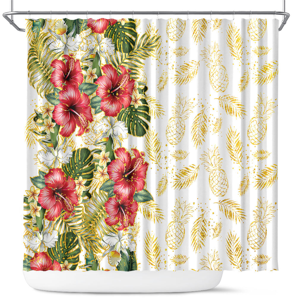 Hawaii Discoverers Day Shower Curtain Tropical Hibiscus Glitter White LT05 White - Polynesian Pride