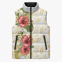Hawaii Discoverers Day Sleeveless Puffer Jacket Tropical Hibiscus Glitter White LT05 Unisex White - Polynesian Pride