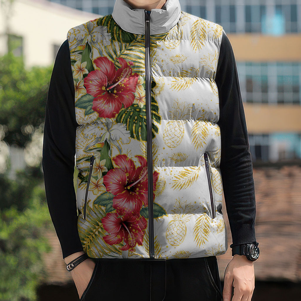 Hawaii Discoverers Day Sleeveless Puffer Jacket Tropical Hibiscus Glitter White LT05 - Polynesian Pride