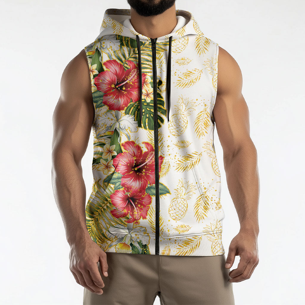 Hawaii Discoverers Day Sleeveless Zip Hoodie Tropical Hibiscus Glitter White LT05 - Polynesian Pride