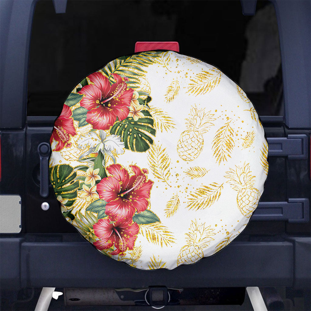 Hawaii Discoverers Day Spare Tire Cover Tropical Hibiscus Glitter White LT05 No hole White - Polynesian Pride